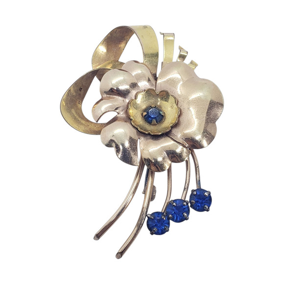 Vintage 1/20 12K Gold Filled Floral Brooch 3D Blue Rhinestones Two Harry Iskin - Picture 2 of 10